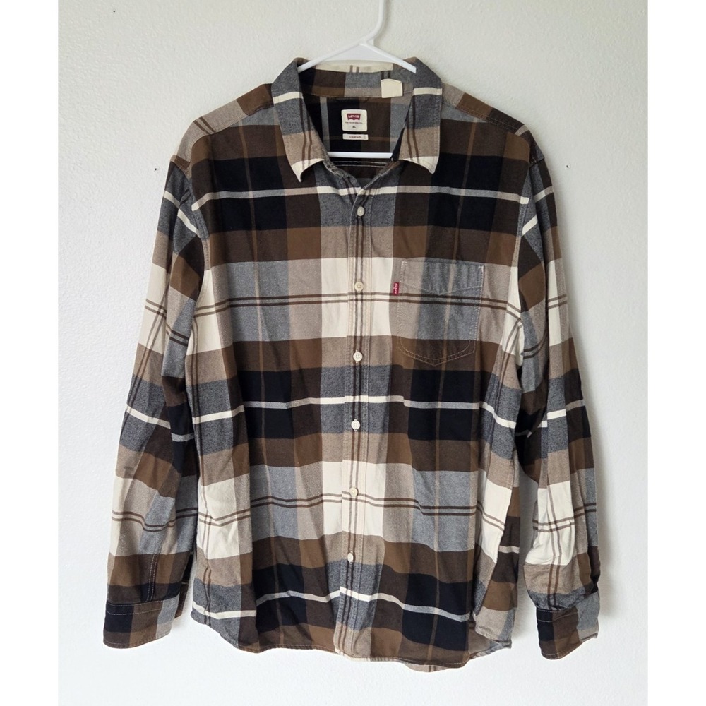 Levis Mens Flannel Shirt XL Brown Plaid Classic Standard Fit Long Sleeve